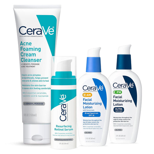 Acne Skin Care Set, Foaming Cleanser + Retinol Serum + AM&PM Lotion
