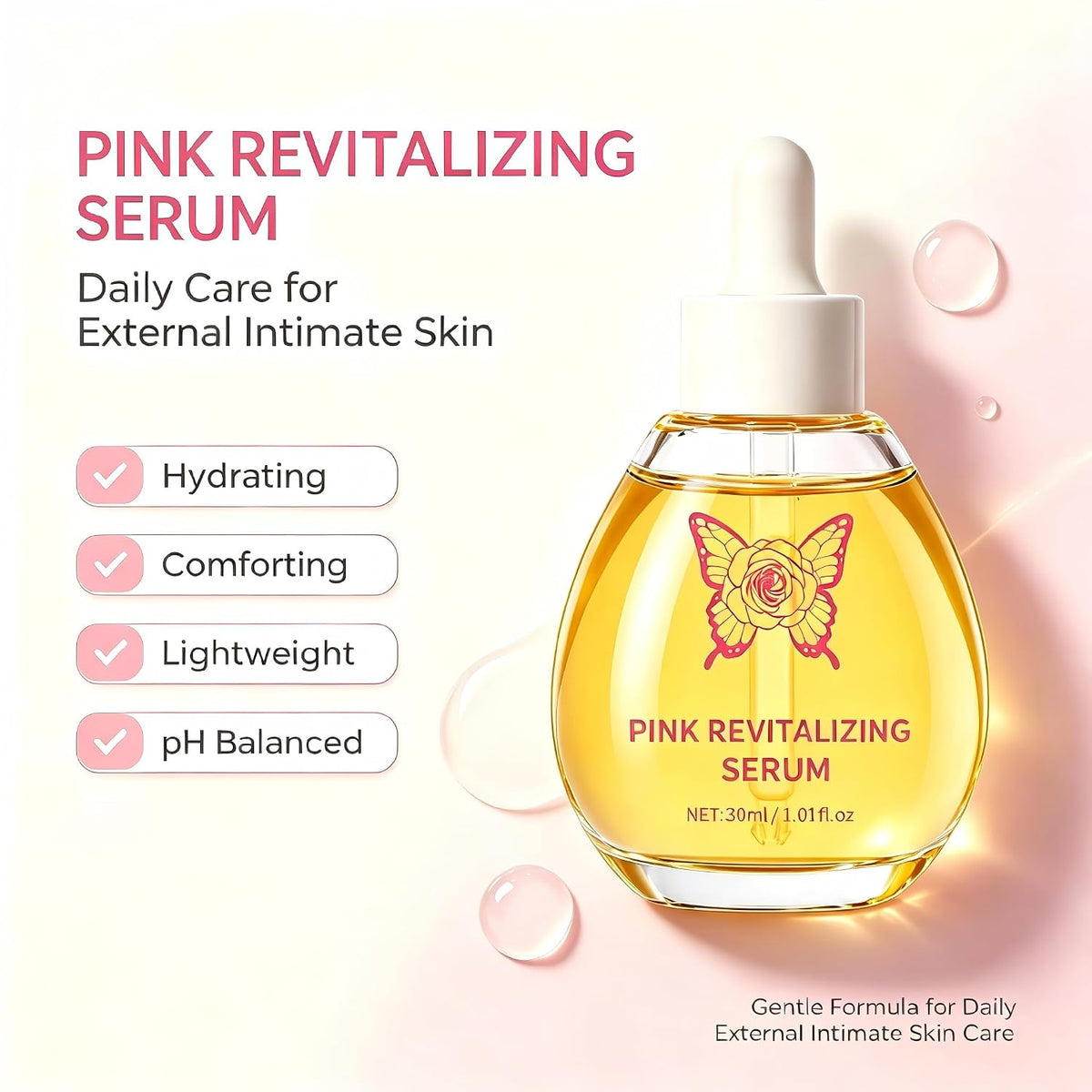 Pink Revitalizing Intimate Serum for Women - Hydrating & Soothing Feminine Care Oil with Ginseng & Hyaluronic Acid - Gentle Daily Moisture, Ph Balanced, Fragrance Free (1 Fl Oz, 30Ml)